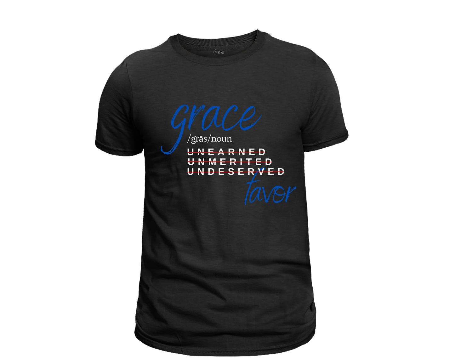 Grace and Favor Short Sleeve T-Shirt (Blue and White Text)