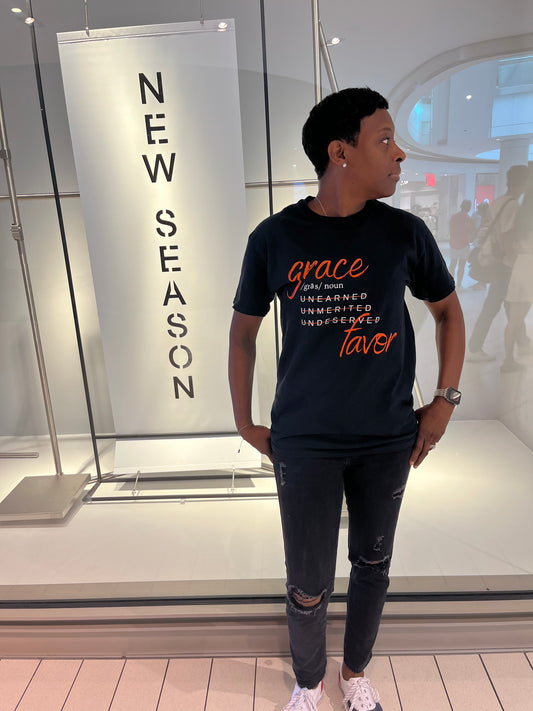 Grace and Favor Short Sleeve T-Shirt (Red and White Text)