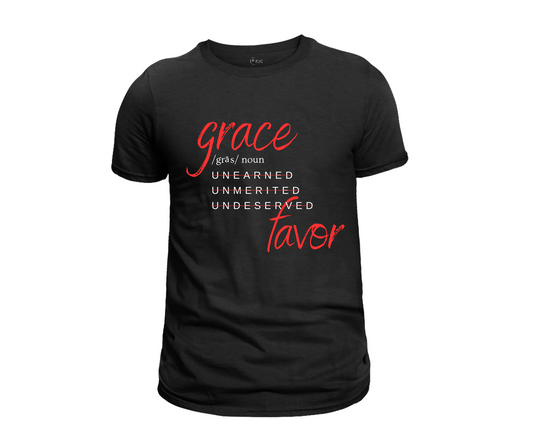 Grace and Favor Short Sleeve T-Shirt (Red and White Text)